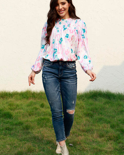 Floral Smocked Balloon Sleeve Round Neck Blouse