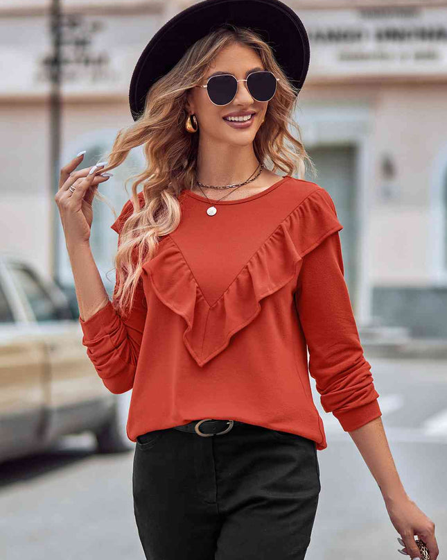 Ruffled Round Neck Long Sleeve Top