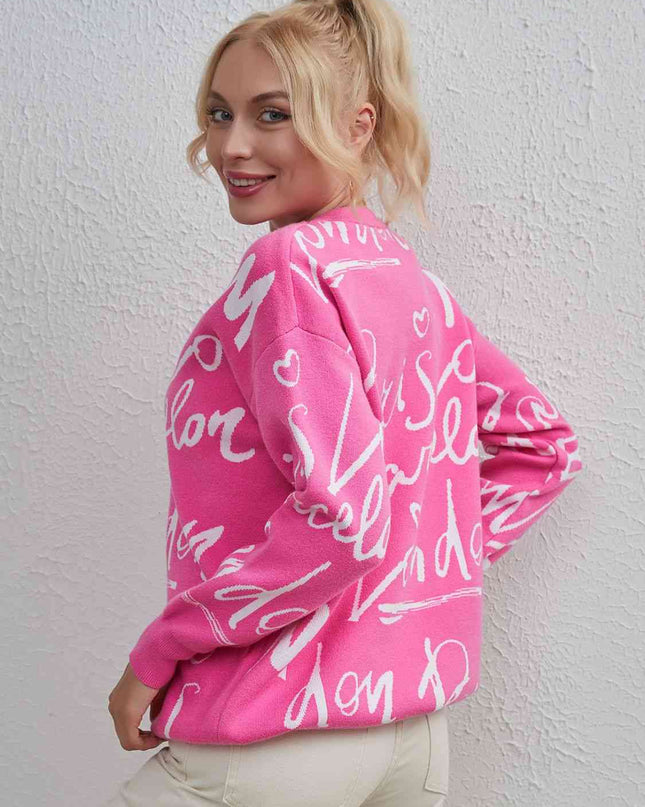 Letter Round Neck Drawstring Sweater