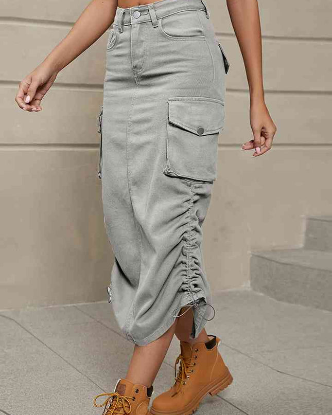 Drawstring Denim Skirt with Pockets