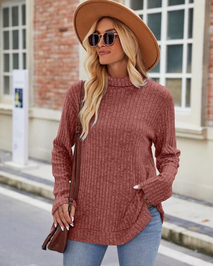 Ribbed Turtleneck Long Sleeve Slit Knit Top