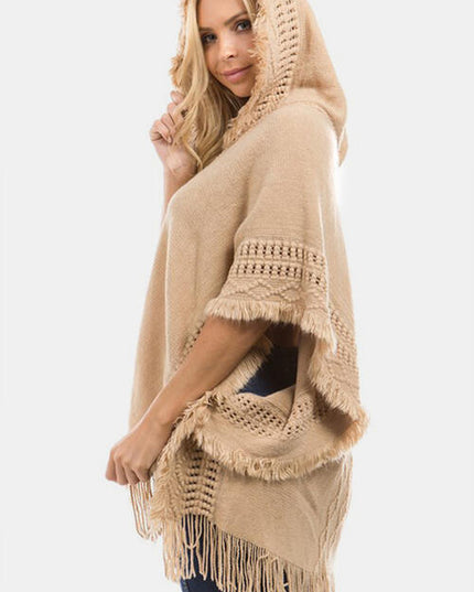 Fringed Crochet Buttoned Hooded Poncho