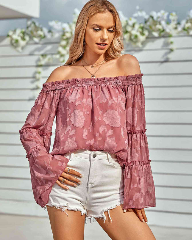 Applique Flounce Sleeve Off-Shoulder Blouse