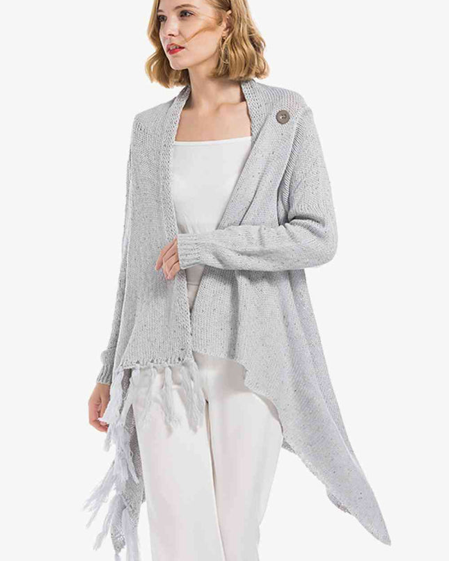 One-Button Tassel Tie Asymmetrical Hem Cardigan