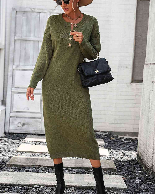 Notched Neck Dropped Shoulder Button-Down Midi Dress