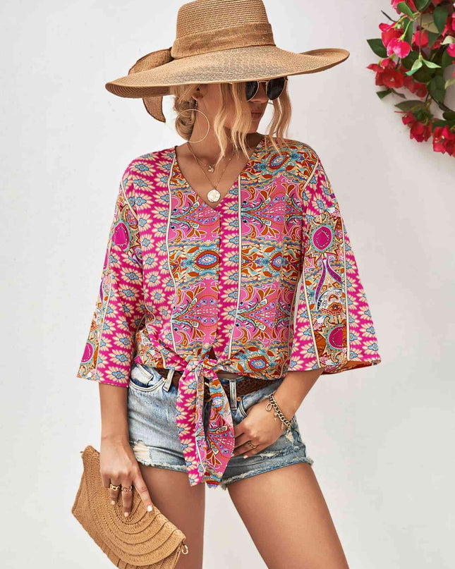 Tie Hem V-Neck Three-Quarter Sleeve Blouse