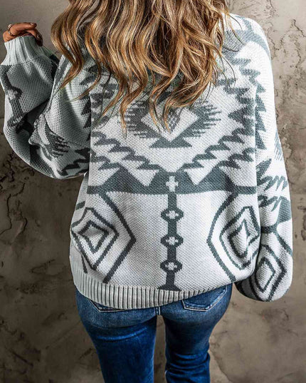Printed Button Up V-Neck Long Sleeve Cardigan