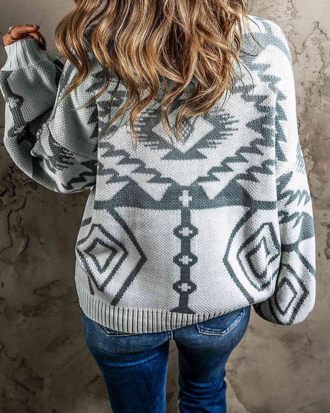 Printed Button Up V-Neck Long Sleeve Cardigan