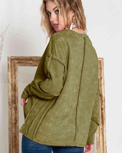 Full Size Exposed Seams Round Neck Dropped Shoulder Sweatshirt