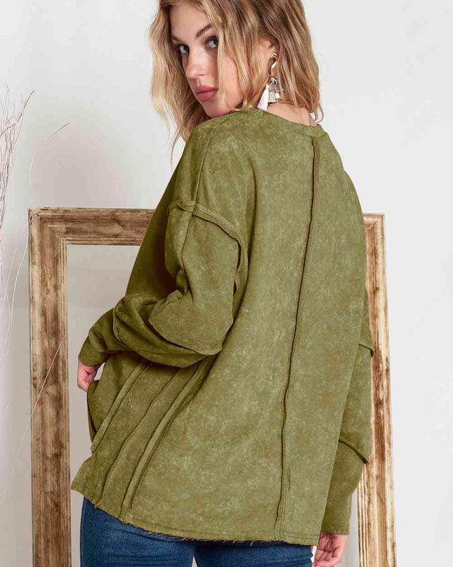 Full Size Exposed Seams Round Neck Dropped Shoulder Sweatshirt