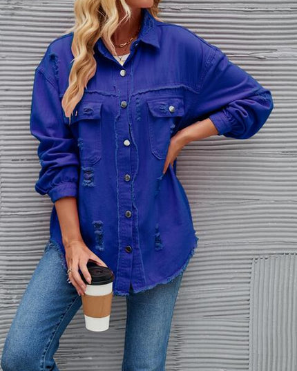 Distressed Raw Hem Denim Jacket