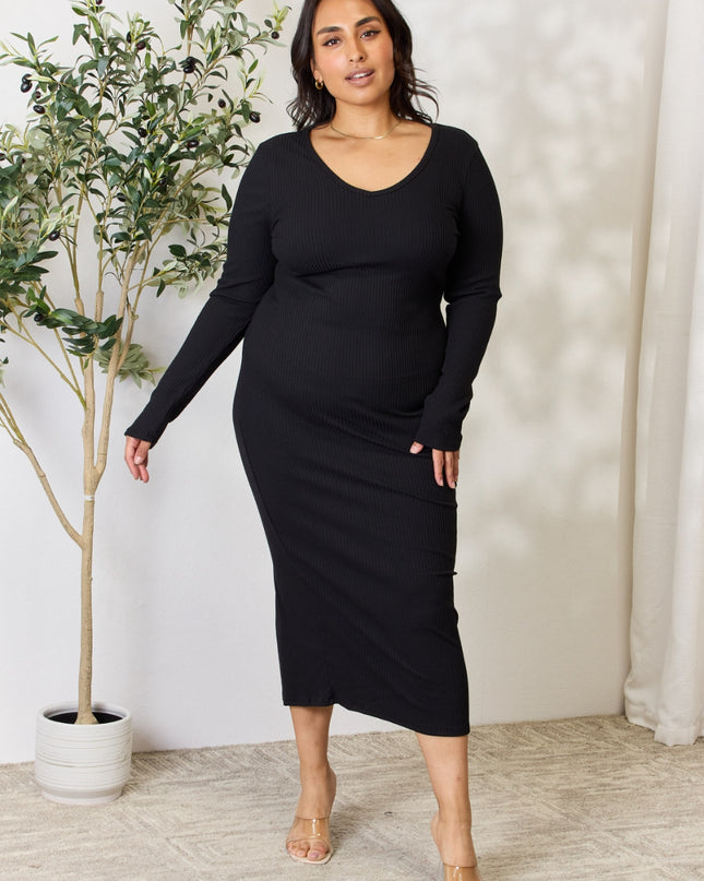 Culture Code Full Size Ribbed Long Sleeve Midi Slit Dress