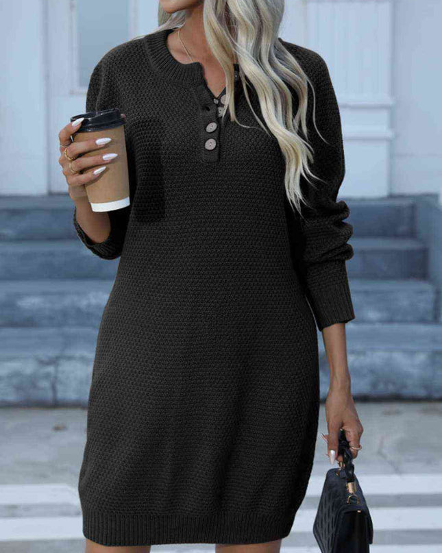 Buttoned Round Neck Long Sleeve Sweater Dress