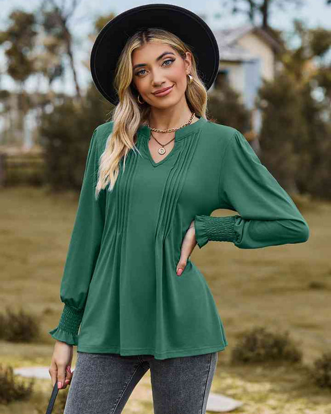 Notched Neck Flounce Sleeve Blouse