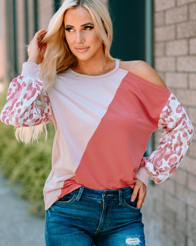 Leopard Color Block Cold-Shoulder Top