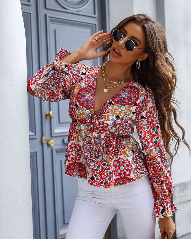 Printed V-Neck Flounce Sleeve Blouse