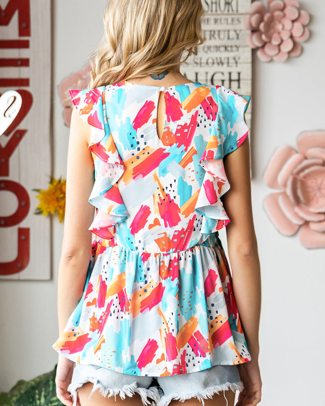 Printed Round Neck Ruffled Peplum Top