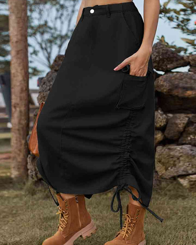 Drawstring Denim Skirt with Pockets