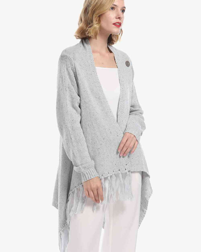 One-Button Tassel Tie Asymmetrical Hem Cardigan