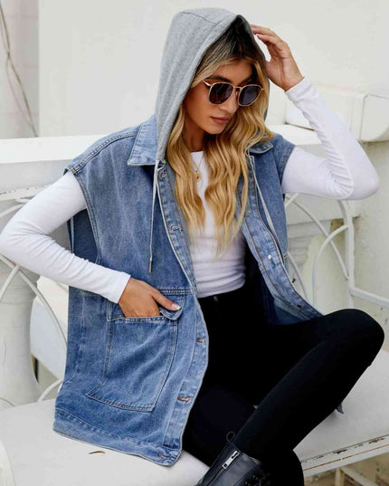 Hooded Sleeveless Denim Top with Pockets