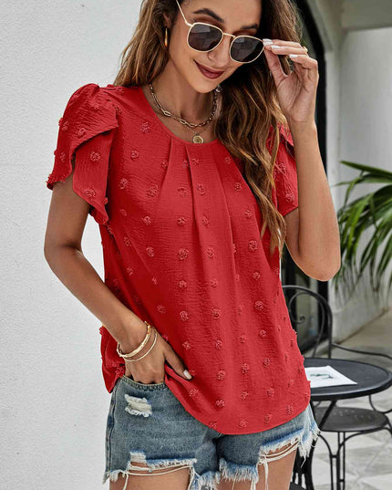 Swiss Dot Round Neck Petal Sleeve Top
