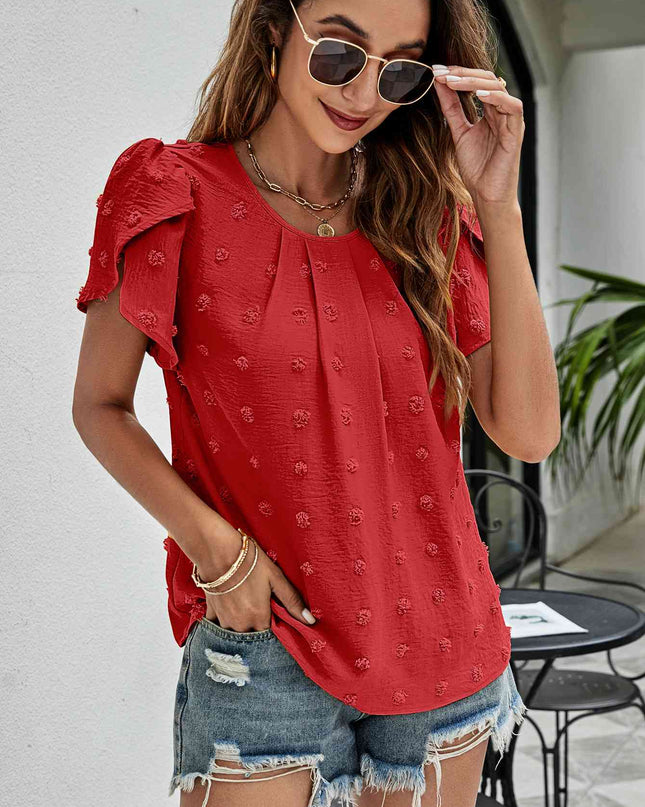 Swiss Dot Round Neck Petal Sleeve Top