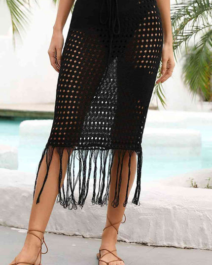 Fringe Hem Drawstring Waist Openwork Skirt