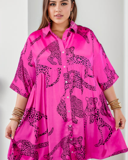 Plus Size Tiger Printed Button Up Half Sleeve Dress