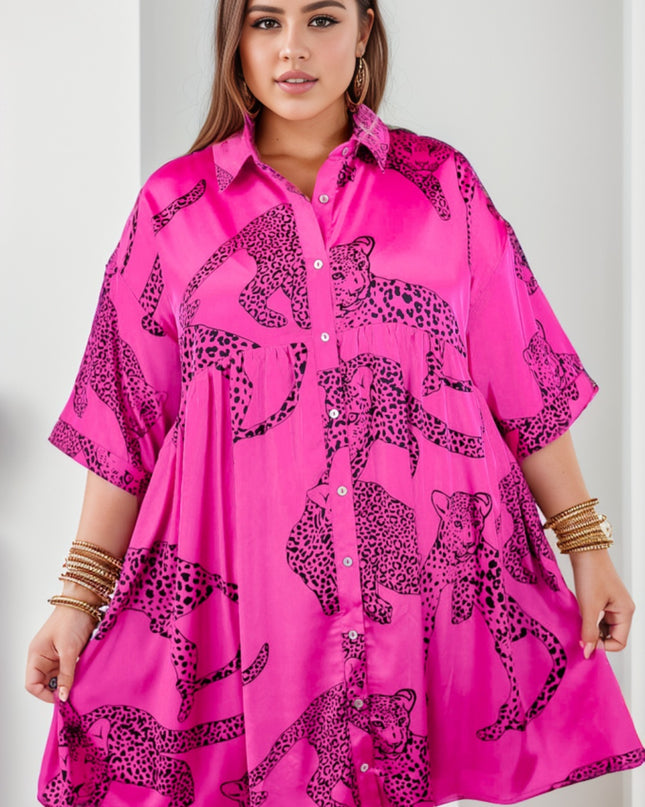 Plus Size Tiger Printed Button Up Half Sleeve Dress