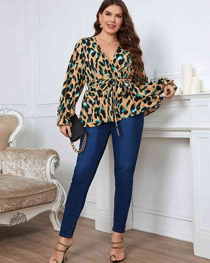 Plus Size Printed Tie Waist Flounce Sleeve Blouse