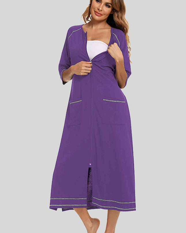 Zip Up Slit Round Neck Night Dress with Pockets