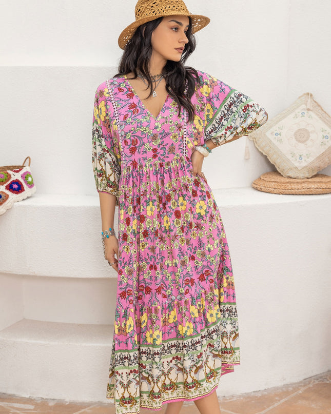 Printed V-Neck Balloon Sleeve Dress