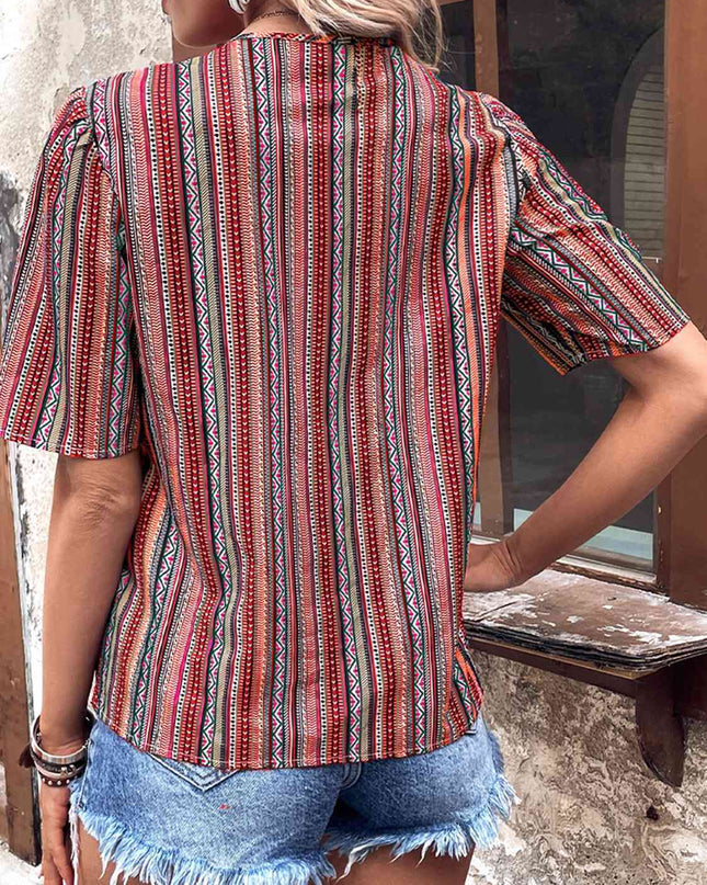 Printed V-Neck Button-Up Short Sleeve Top