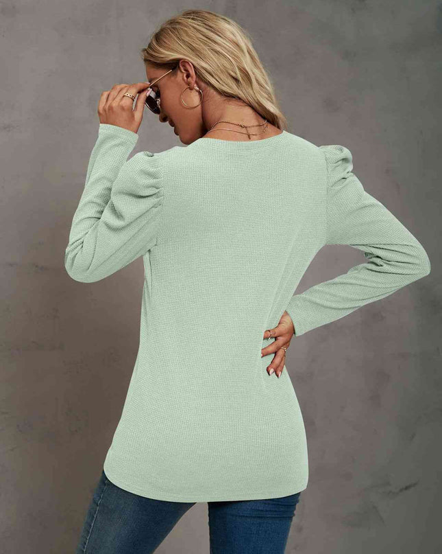 Waffle-Knit Puff Sleeve Round Neck Top
