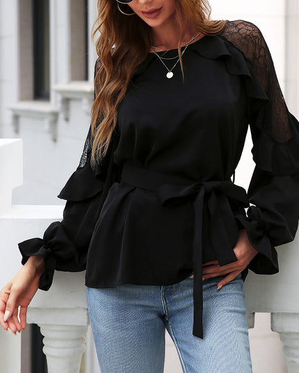 Round Neck Front Tie Flounce Sleeve Lace Cap Blouse