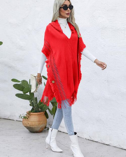 Fringe Trim Buttoned Hooded Poncho