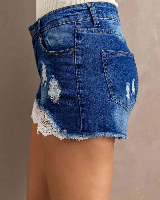 Spliced Lace Distressed Denim Shorts