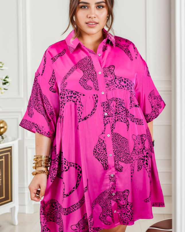 Plus Size Tiger Printed Button Up Half Sleeve Dress