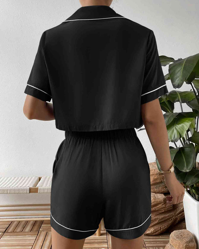 Contrast Lapel Collar Cropped Shirt and Shorts Lounge Set