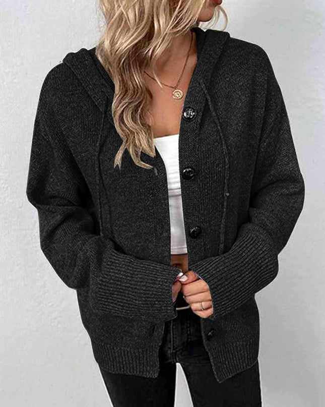 Button Up Drawstring Long Sleeve Hooded Cardigan