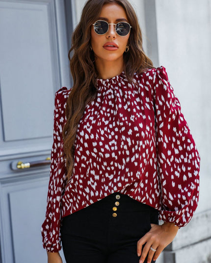 Printed Mock Neck Puff Sleeve Blouse