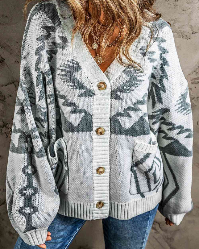 Printed Button Up V-Neck Long Sleeve Cardigan