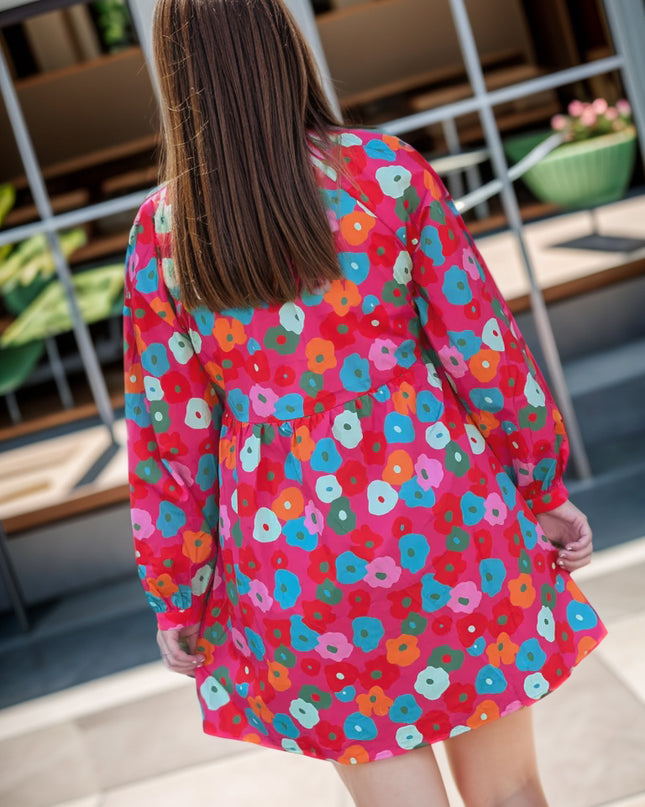 Printed Notched Raglan Sleeve Mini Dress