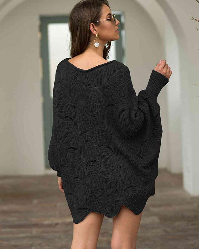 Full Size Boat Neck Lantern Sleeve Openwork Knit Top