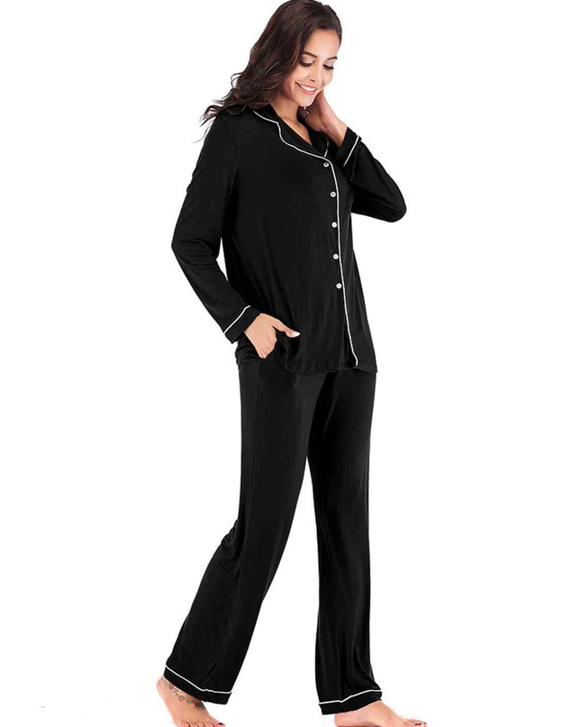 Collared Neck Long Sleeve Loungewear Set with Pockets
