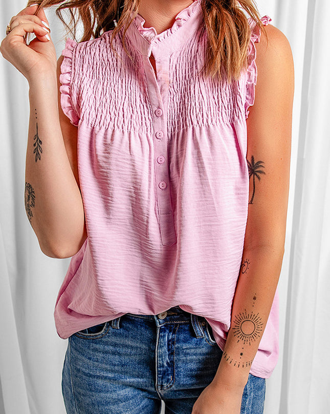 Buttoned Frill Trim Smocked Sleeveless Blouse