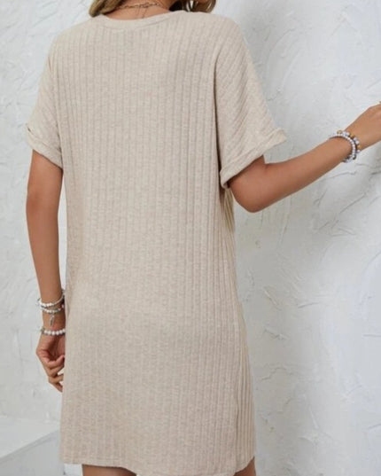 Ribbed V-Neck Short Sleeve Dress