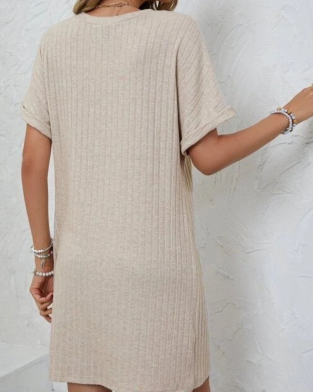 Ribbed V-Neck Short Sleeve Dress