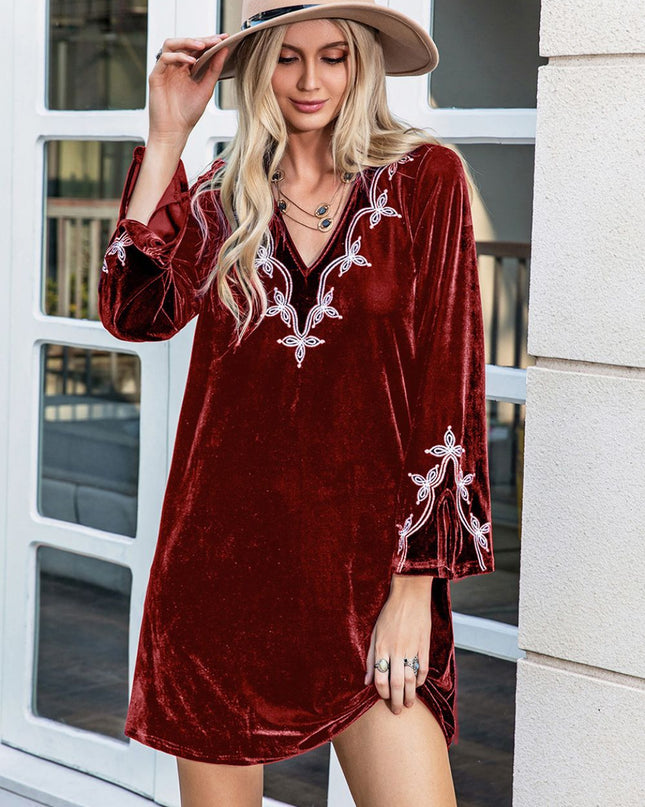 V-Neck Long Sleeve Mini Dress