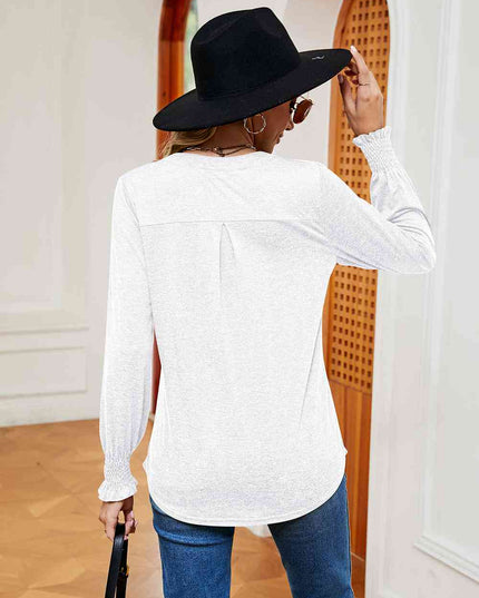 Notched Neck Long Sleeve Blouse